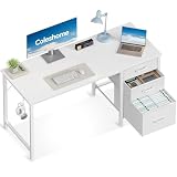 Coleshome Escritorio con 3 Cajones de Tela, 120x48cm Escritorio Espacioso con Soporte para Auriculares, Blanco Escritorio de Ordenador Reversible para Oficina en Casa