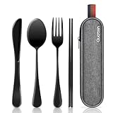 Quatish Portátil Utensilios Conjunto Para el Trabajo, Acero Inoxidable Reutilizable Set de Cubiertos de Viaje, Cuchara y Tenedor Conjunto Para Acampar, Picnic, Gadgets, Negro