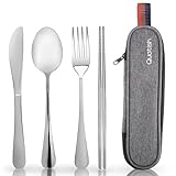 Quatish Portátil Utensilios Conjunto Para el Trabajo, Acero Inoxidable Reutilizable Set de Cubiertos de Viaje, Cuchara y Tenedor Conjunto Para Acampar, Picnic, Gadgets, Argenté