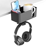 KDD Soporte Vaso Escritorio 4 en 1 con Soporte Auriculares - Gancho para Auriculares Giratorio Bajo Mesa con 2 Agujeros de Cables - Soporte Desmontable para Taza Móvil Bolígrafo (Negro)