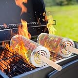 Landrip Cesta de Barbacoa Rodante, Mango de Madera Desmontable, Acero Inoxidable, Accesorio de Cocina al Aire Libre para Barbacoa de Vegetales, Gadgets de Jardín y Camping para Barbacoa a Gas, Regalo