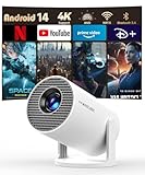 Proyector Portátil con Android 14, Mini Proyector 4k 1080P Full HD Soporte 200ANSI, Videoproyector WiFi 5G BT 5.4, Cine Projector 180 ° Se Puede Girar para TV Stick Blanco